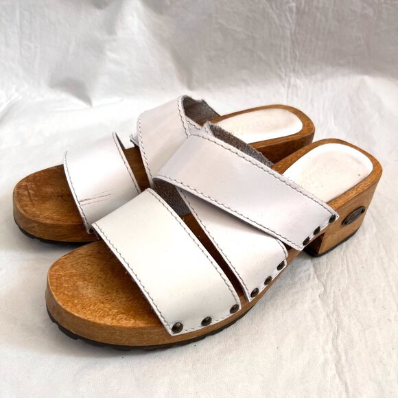 y2k Candies sandals womens 7.5 wooden clog style white leather slip on - Picture 3 of 11